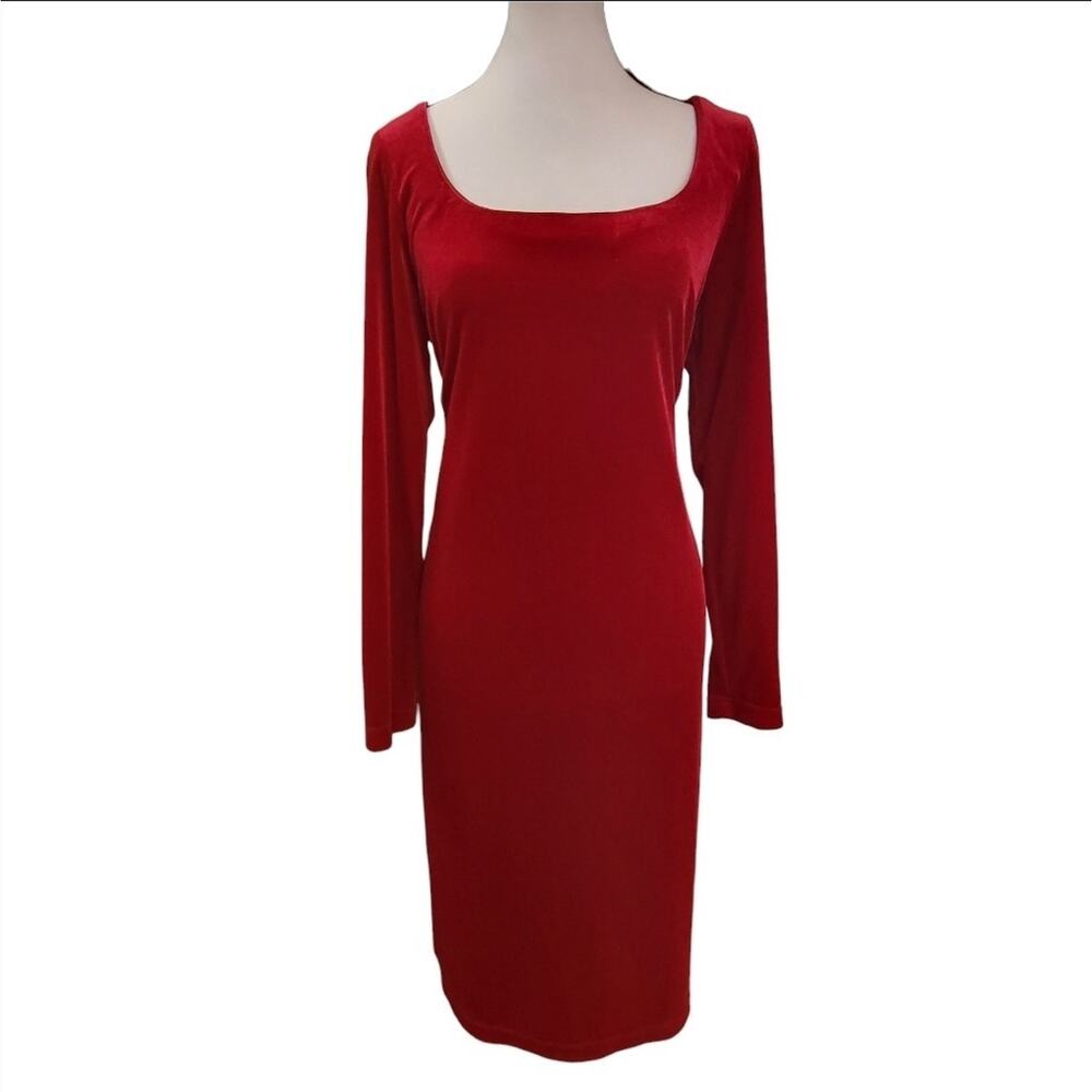 Vintage Vampirecore Gothic Elegance Deep Blood Red Velvety Stretch Dress Sz10